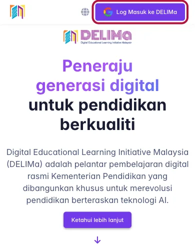 Halaman utama portal DELIMa 3.0 dengan butang Log Masuk ke DELIMa ditanda di penjuru kanan atas