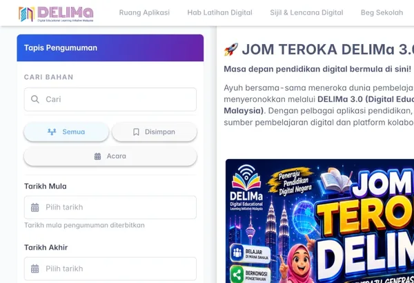 Pratonton rasmi papan pemuka DELIMa 3.0 yang menunjukkan lapan tab menu di bahagian atas